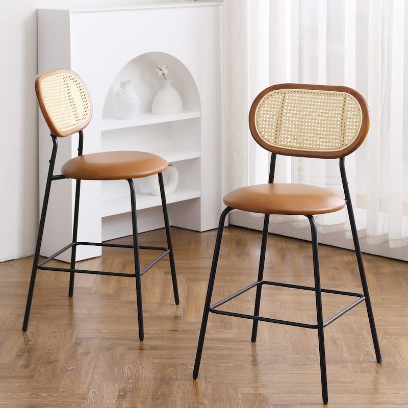 24 in. Rattan Counter Height Bar Stools with Faux Leather Seat (set of 2)