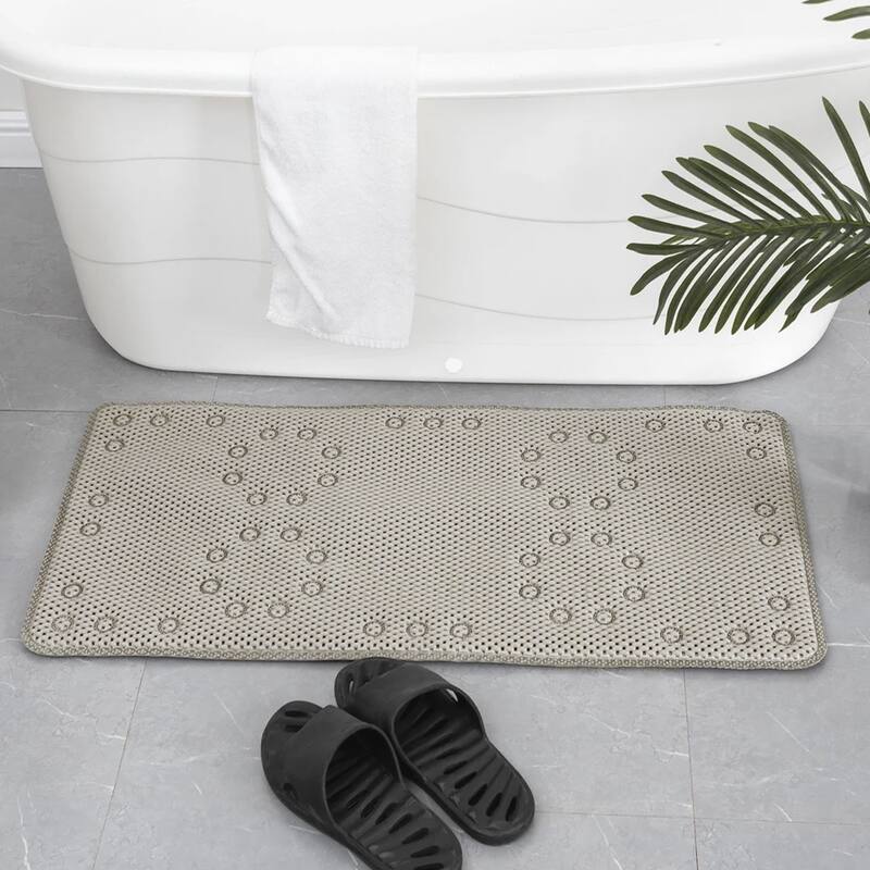 Extra Thick Long Beige Non-Slip Foam Bathtub Shower Mat With Suction Cups Fast Drying - 36" x 17"