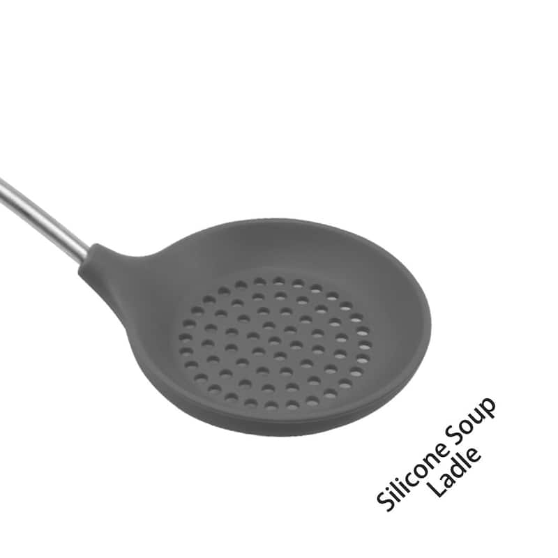 Silicone Skimmer Slotted Spoon Kitchen Stainless Steel Handle Utensil Dark Gray - 14.4"