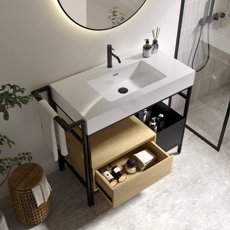 GDFStudio - Forte Industrial Metal Frame Bathroom Vanity with Artificial Stone Basin, Towel Rack & Open Storage