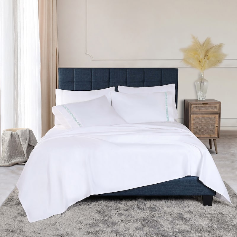 Superior Egyptian Cotton Embroidered Scroll 4 Piece Sheet Set - King - White-Blue
