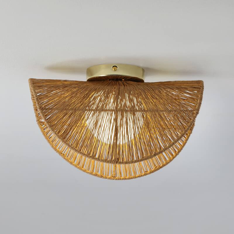 Sovev 1-Light Flush Brass Bohemian Mount Wall Sconce with Opal Glass Rattan Shade