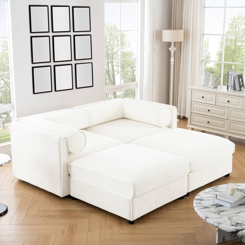 Modern Chenille 6-Seater Sofa with Ottoman Storage, Hidden Storage, Cylindrical Cushioned Arms and Backrest