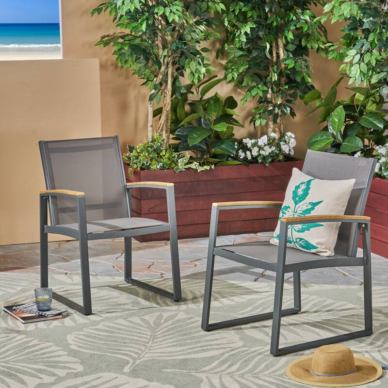 Outdoor 2 Piece Mesh Armrest Dining Chairs with Rust Proof Aluminum Frame for Dining Room Kitchen Bedroom Living Room Terrace - Grey