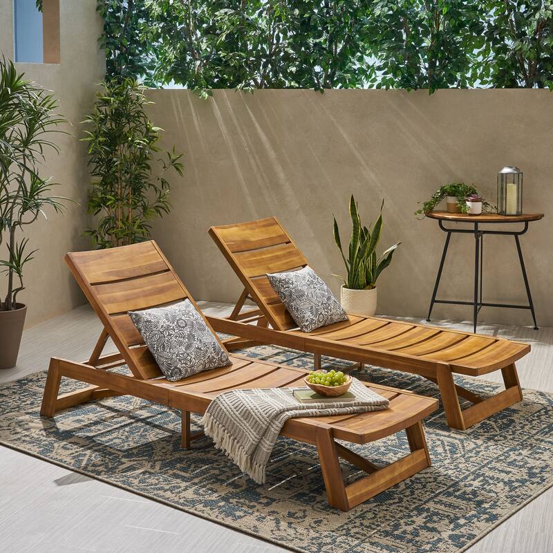 Maki Outdoor Wood Chaise Lounges (Set of 2) by Christopher Knight Home - Teak Finish+Natural