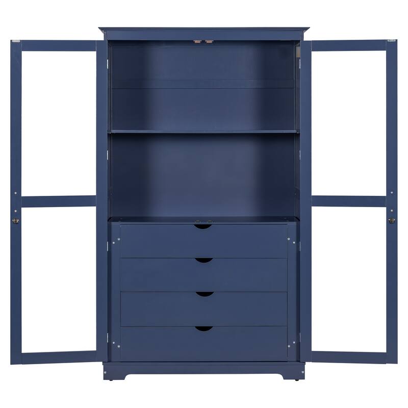 Kitchen Pantry Storage Cabinet, Freestanding Wood Cabinet Display Cabinet with Glass Doors, 4 Built-in Drawers & Shelves