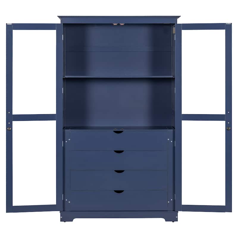 Pantry Cabinet with Glass Door, 2 Shelves & 4 Built-in Drawers, Kitchen Pantry Storage Cabinet, Freestanding Kitchen Cupboard