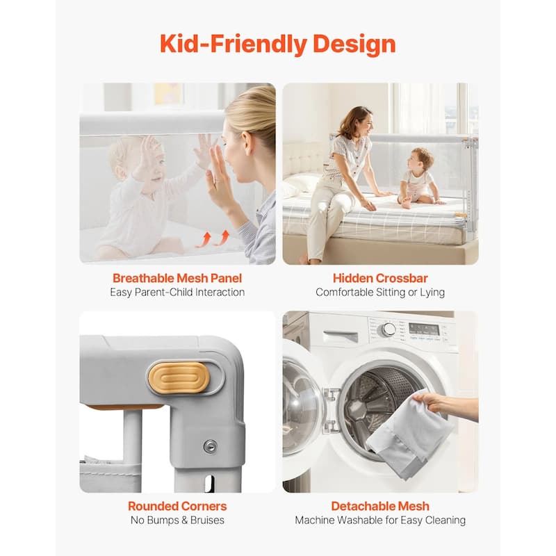Grey Steel Oxford Fabric Kids Bed Rails with Mesh Adjustable Height for Everyday Use