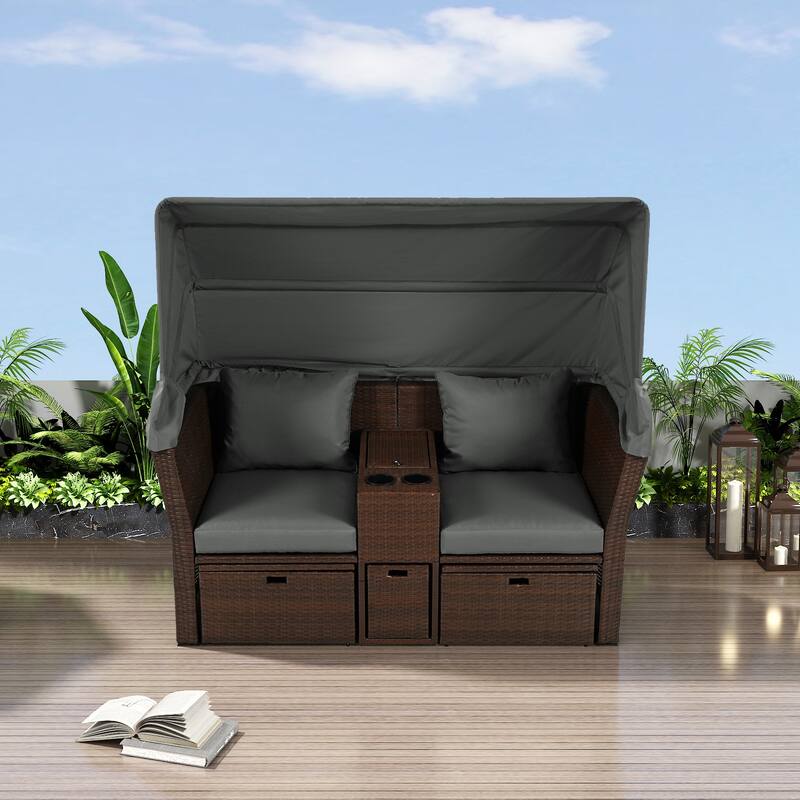 Convertible Outdoor Patio Daybed Loveseat Set with Retractable Sunshade, Cup Holders, Storage Boxes, Water-Repellent Cushions