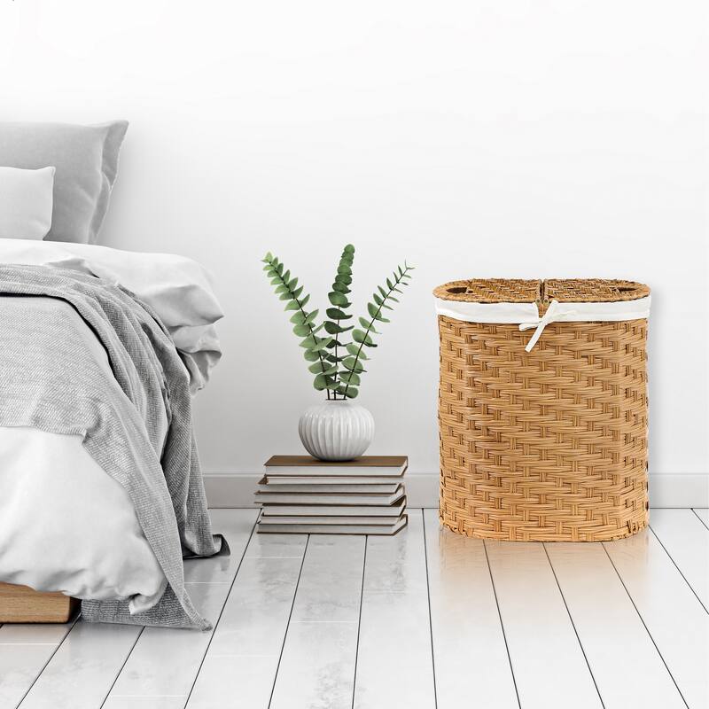 Seville Classics Handwoven Lidded Oval Double Laundry Hamper