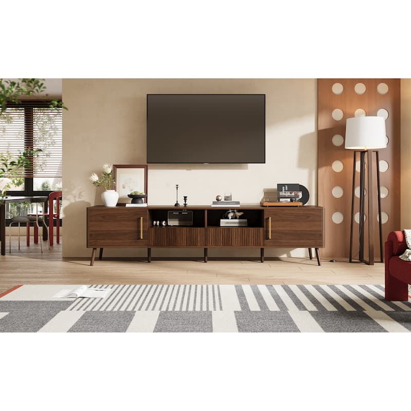 Roomfitters 78 Inch TV Stand for TVs up to 85 Inch, Walnut Media Console with Soft-Close Doors, Open Shelf & Wood Legs