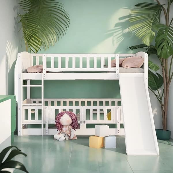 slide 2 of 50, Full over Full Low Bunk Bed with Slide, Fence and Ladder for Toddler Kids Teens, Fun and Variable, White White