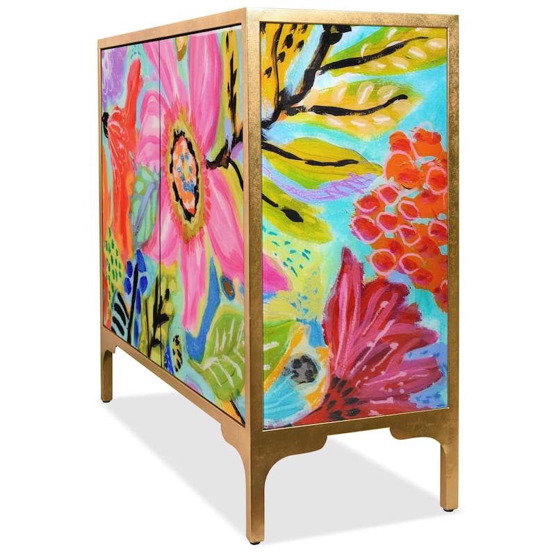 "Secret Garden Floral" Cabinet Console Table on Beveled Reverse Printed Art Glass with Iron Gold Leafed Frame