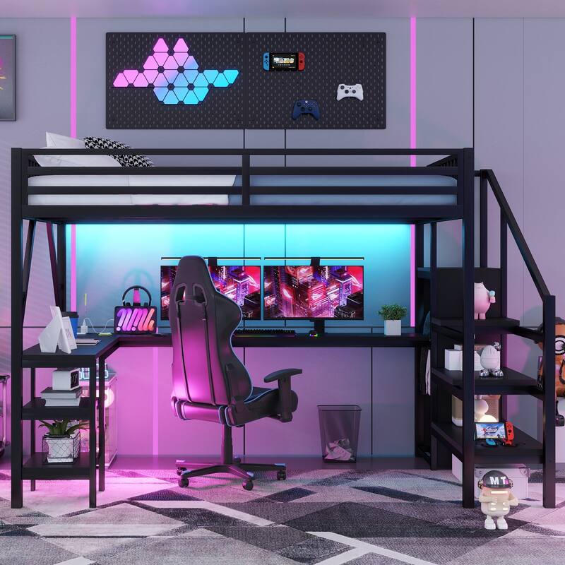Metal Queen Loft Bed with Wardrobe and LED Light, Queen Size Loft Bed with L Shaped Desk and USB for Kids Teens Adults