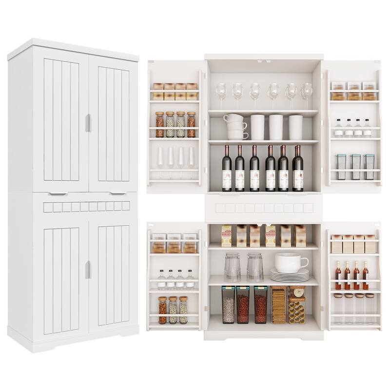 71.65" White Farmhouse Pantry Cabinet – Adjustable-Shelf Storage with 2 Cabinets & 6 Door Shelves, Freestanding Design .
