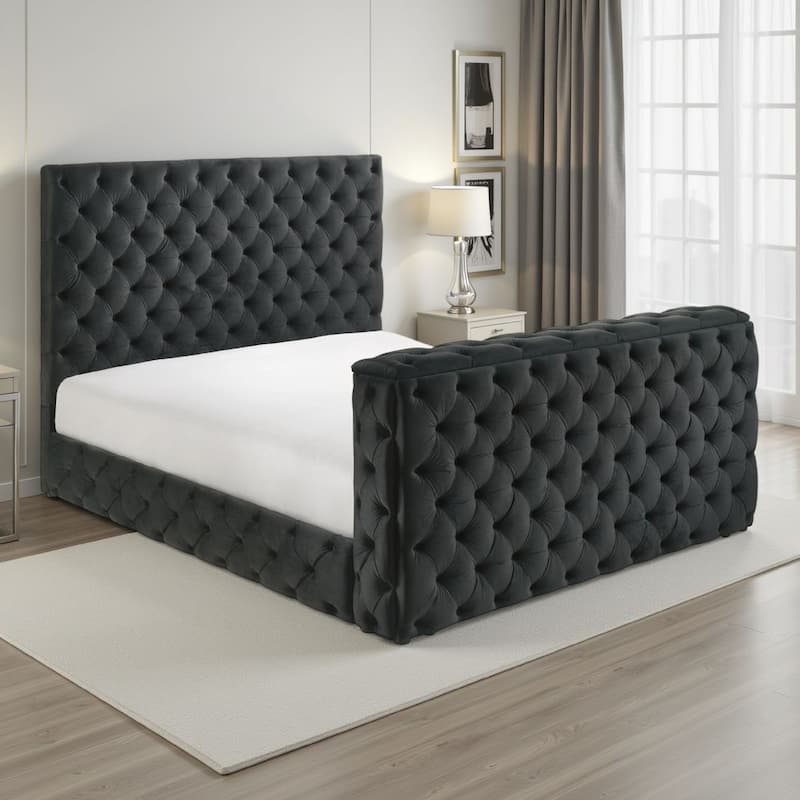 Meri King Bed with Lift TV Stand, Tufted Black Velvet Upholstery