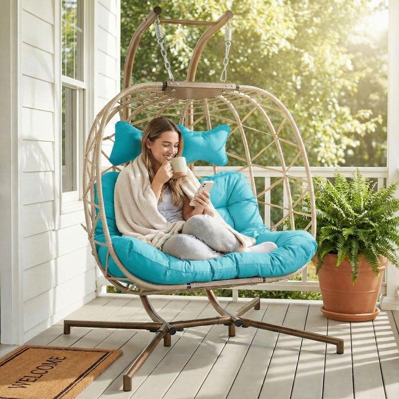 Oversized Outdoor Double Swing Egg Chair, 700 lbs Capacity 2-Person Hanging Egg Chair Swing with Cushion