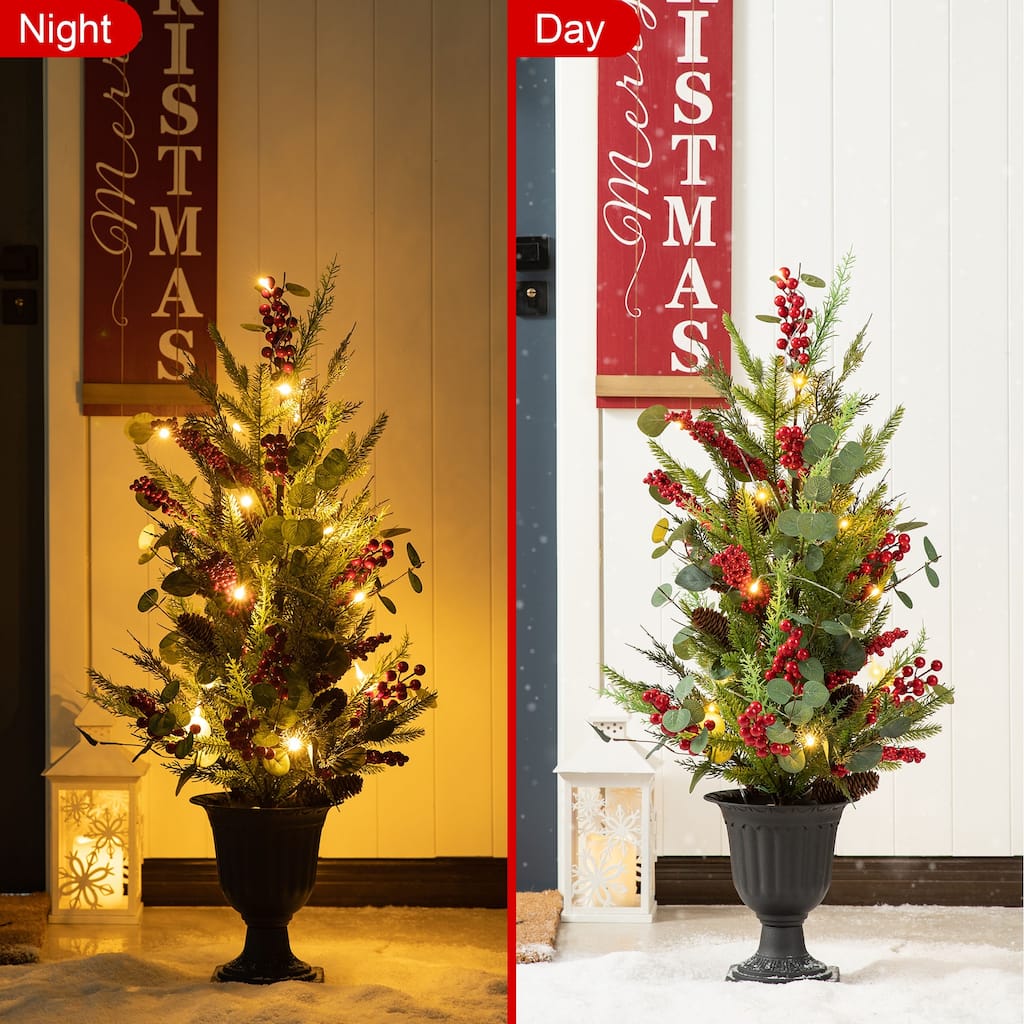 Glitzhome 3ft Christmas Lighted Pine Needle and Eucalyptus Leaf Urn Porch Tree with Timer