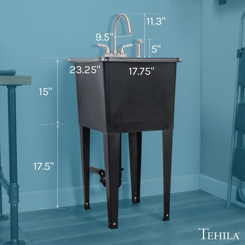 TEHILA Black 16-Gallon Space Saver Utility Sink Laundry Tub with Gooseneck Faucet