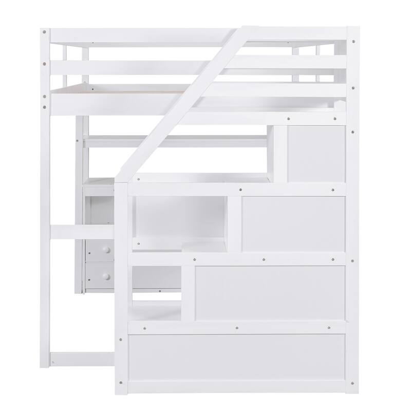 Full Size Loft Bed with Desk, Shelves, Drawers, and Storage Staircase - Gray