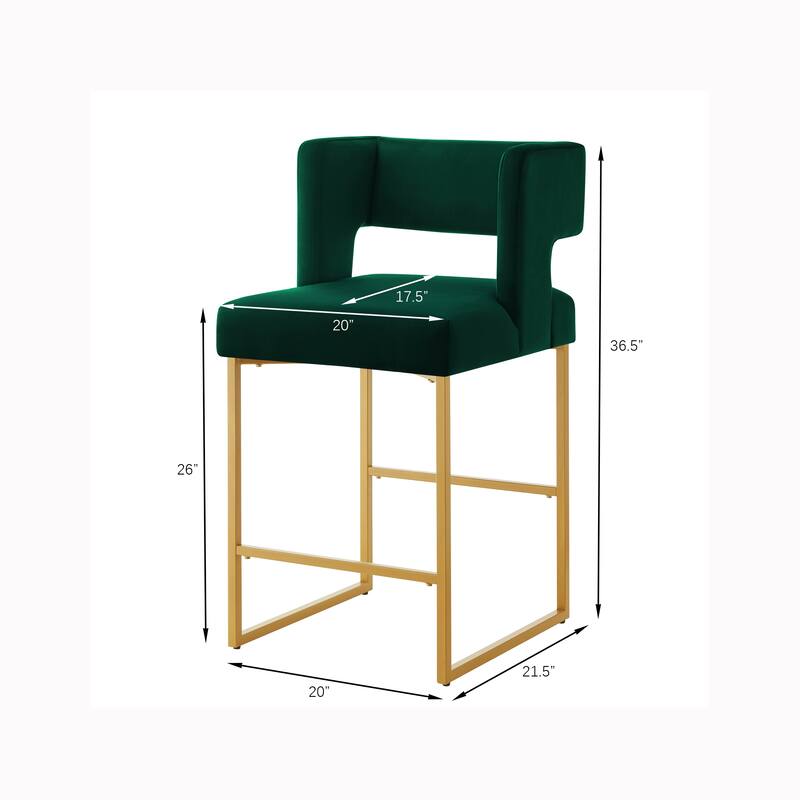 Counter Height Bar Stools Set of 2, Velvet Upholstered Bar Stools with Open Backrest, Breakfast Bar Chairs with Metal Footrest