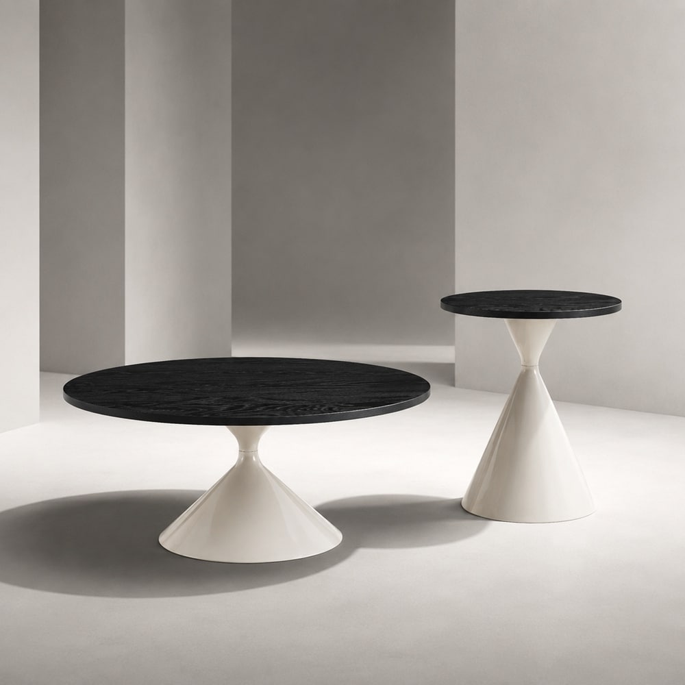 2-piece coffee round table set, travertine patterned tabletop with steel base