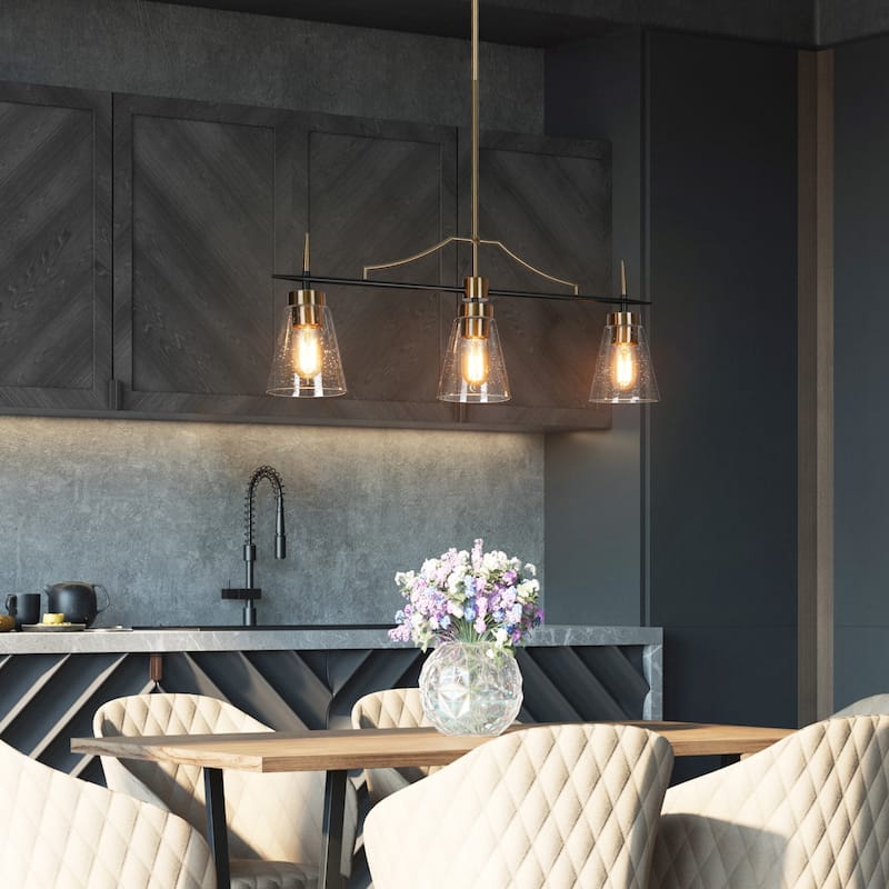 Mid-century Modern 3-Light 27.5W Linear Seeded Cone Glass Kitchen Island Pendant Dining Room Chandelier - L 27.5" * W 5"* H 11"