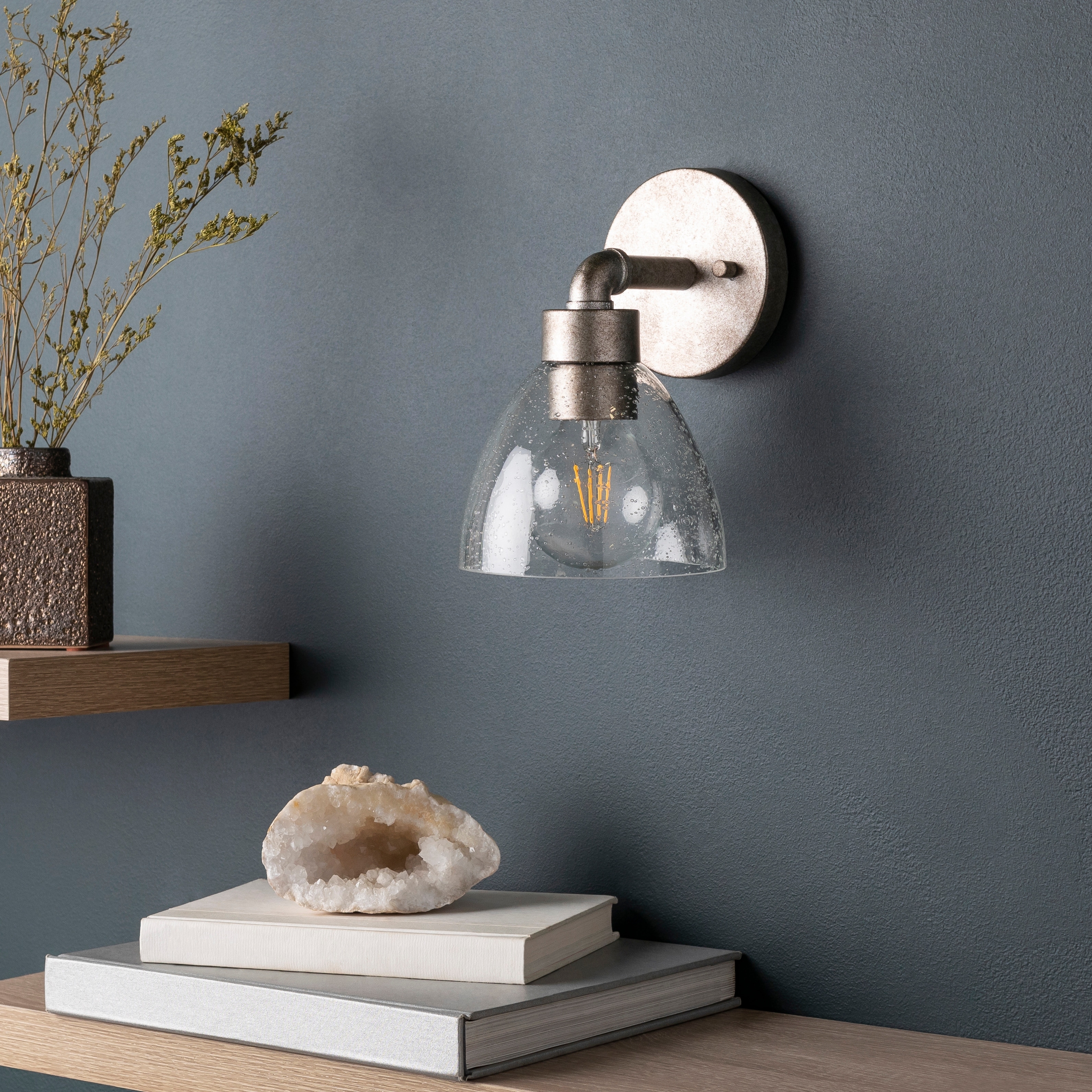 Lillith Pewter & Seeded Glass Wall Sconce - 9"H x 5.875"W x 6.75"D