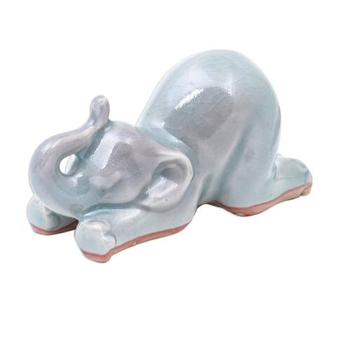 NOVICA Handmade Elephant Puppy Pose Celadon Ceramic Figurine
