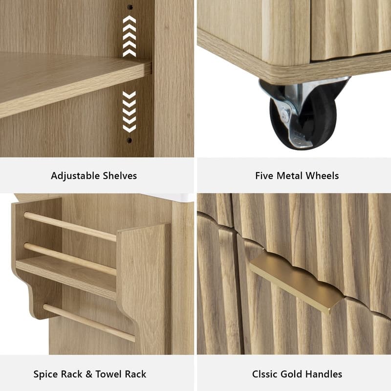 Fluted 55.5" Kitchen Island with Drop Leaf, Rolling Island Table with Drawers, Power Outlet for Functional Kitchen Organization