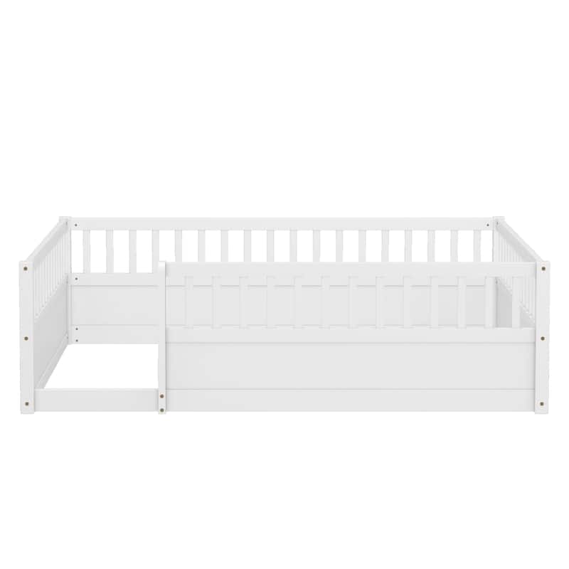 Montessori Toddler Floor Bed Child's Play Wood Bed Frame with High Fence and Open Door, No Slats - Twin Size or Full Size Option