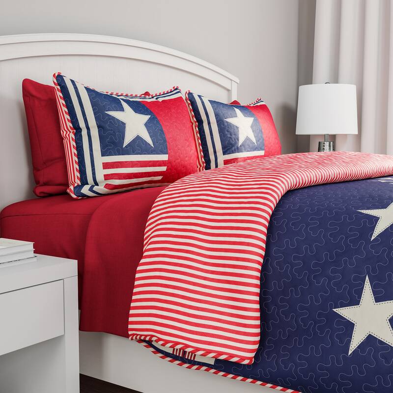 Quilt Set - Glory Bound Microfiber Patriotic Americana Flag Bedspread with Pillow Shams by Windsor Home