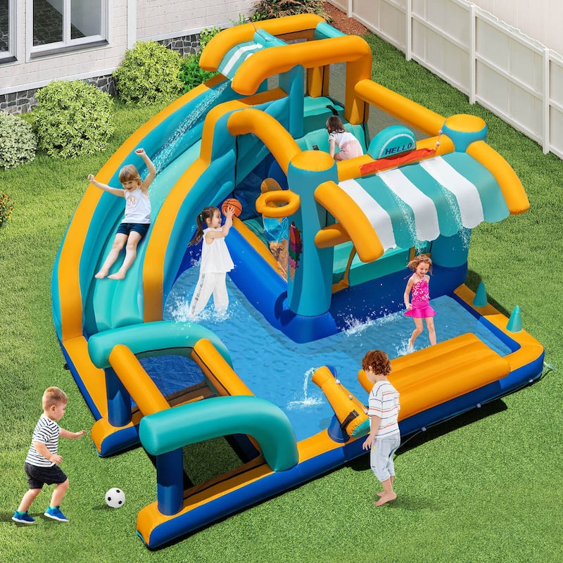 Costway Inflatable Water Park with Market Stand Climbing Wall Splash - Multi-Colored