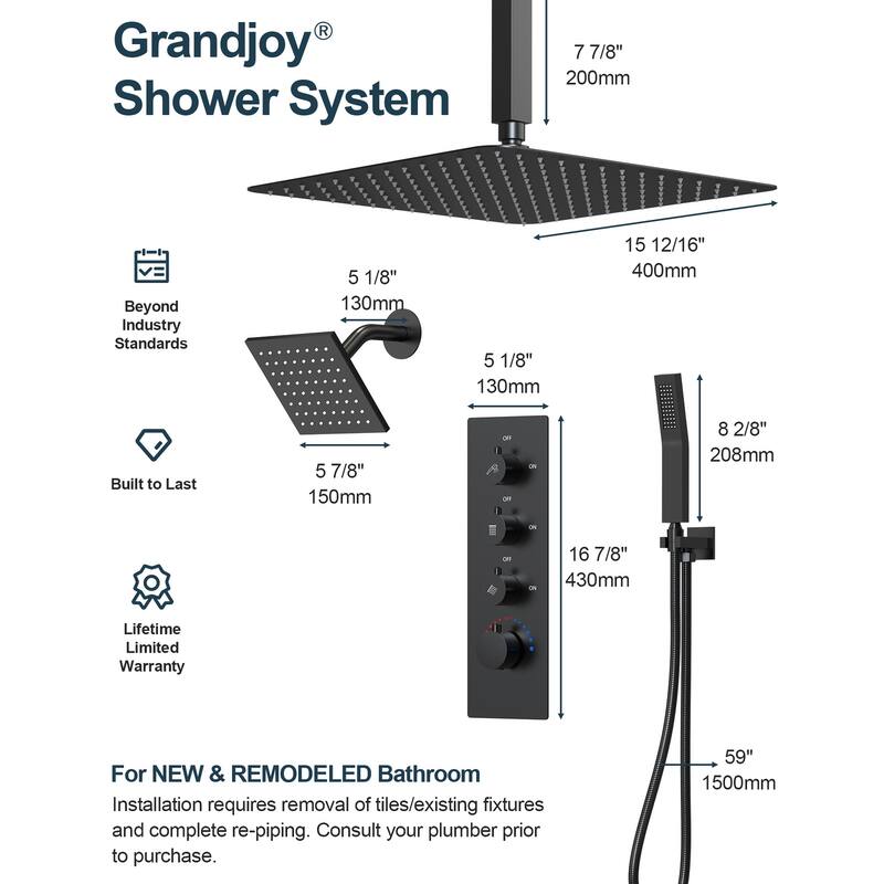 Dual Heads 16" Rainfall & High Pressure 6" Shower System w/ 3 Way Thermostatic Faucet 