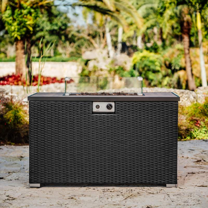 Empyrean Outdoor 43" Wicker Fire Pit Table with Glass Shield - Grey
