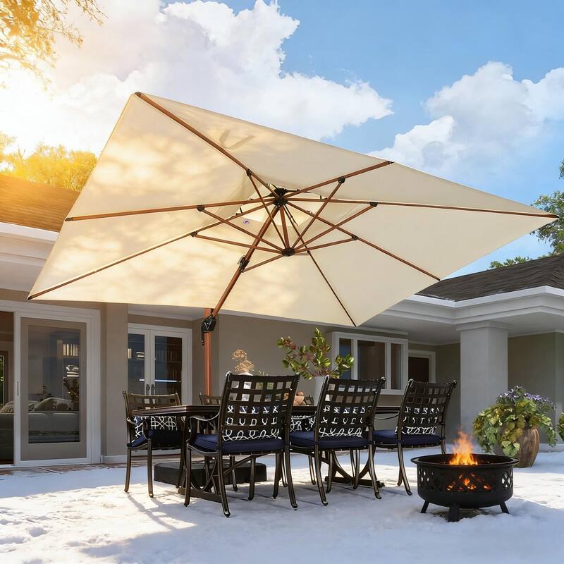 PURPLE LEAF 10 x 13ft Double Top Deluxe Wood Pattern Rectangle Patio Cantilever Umbrella with Base outdoor