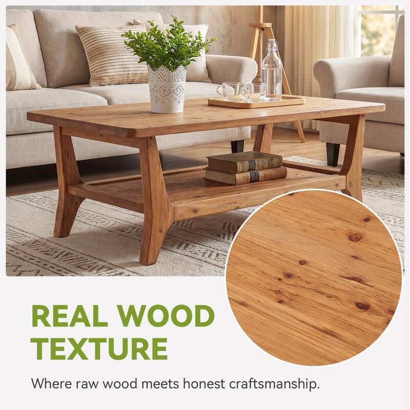 47'' Solid Wood Coffee Table with Open Storage Shelf, Mid-Century Rectangle Center Table