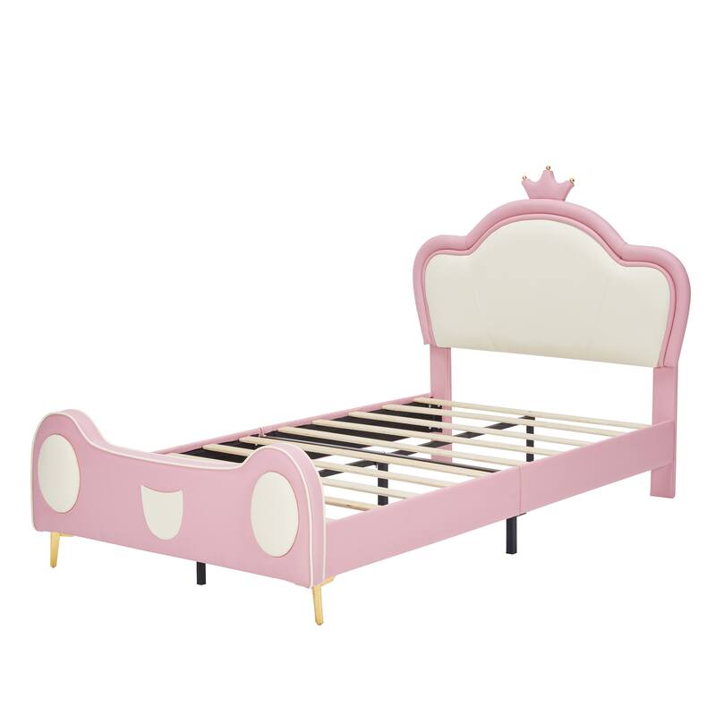 Twin Size Princess Bed with Crown Headboard, PU Upholstered Platform Bed, Bed Frame with Storage Pocket, Pink