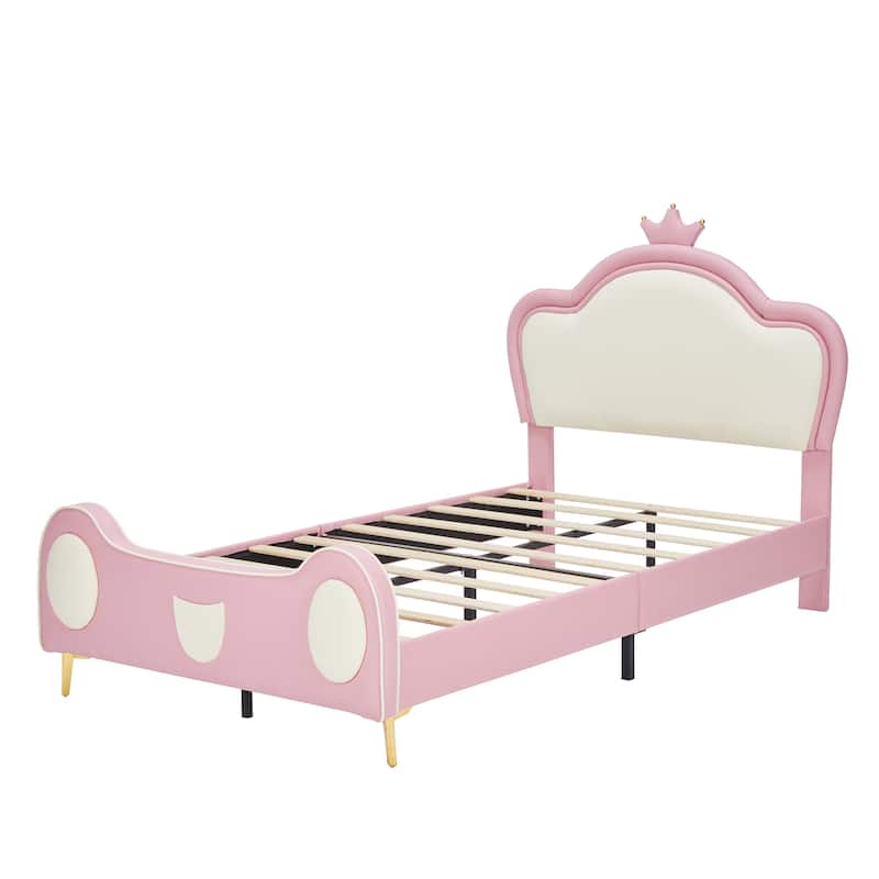 Twin Size Princess Bed with Crown Headboard, PU Upholstered Platform Bed , Twin Size Bed Frame with Bed-End Storage Pocket