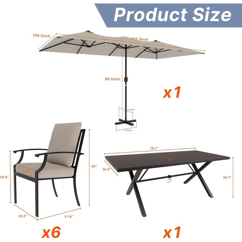 Kullavik 8 Pieces Outdoor Dining Set with 6 Single Chairs, X-Leg Table and Double-Sided Umbrella