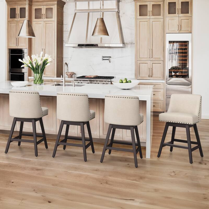 26 in. H Counter Height 360 Free Swivel Bar Stools Upholstered Wooden Counter Stools with Back - Set of 4 - Linen