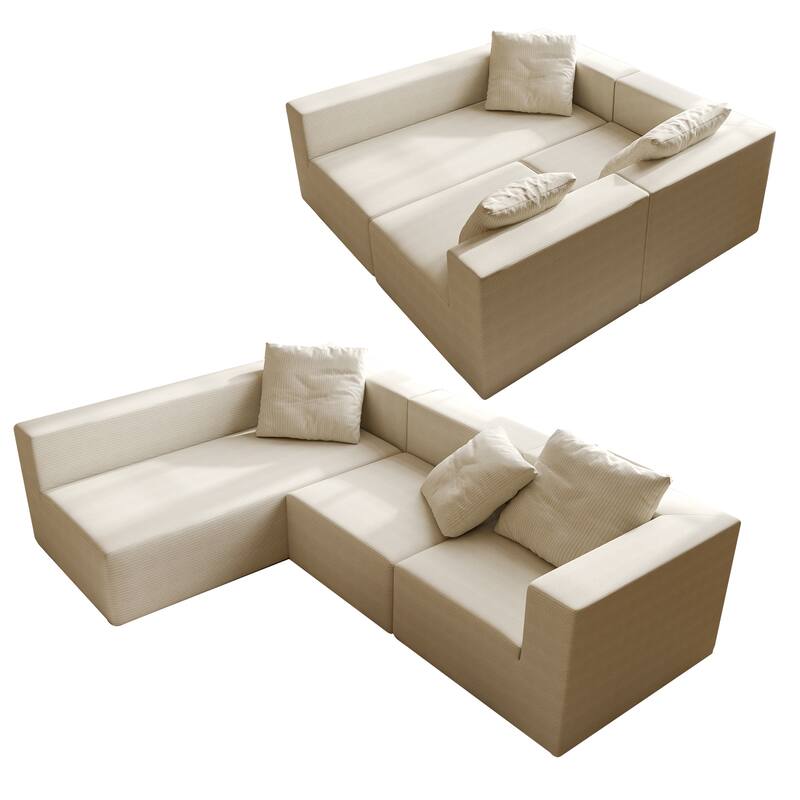 Corduroy Chaise Sectional Couch Convertible into Sleeper Sofa Bed, Deep Seating Modular Compression Sofa for Living Room