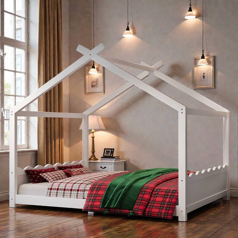 Kids Solid Wood House Floor Bed with Support Slats, Montessori Low Profile Bed, No Box Spring Needed