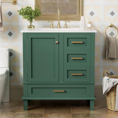 30" Green Bathroom Vanity Set - Modern Sink Cabinet with Soft-Close Door & 3 Drawers, Solid Wood Frame .