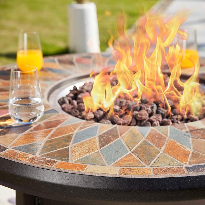 Sudbury 42" Outdoor Round Propane Stone Fire Pit Table - Black