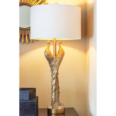 Golden Peacock Table Lamp with Resin and Acrylic Shade