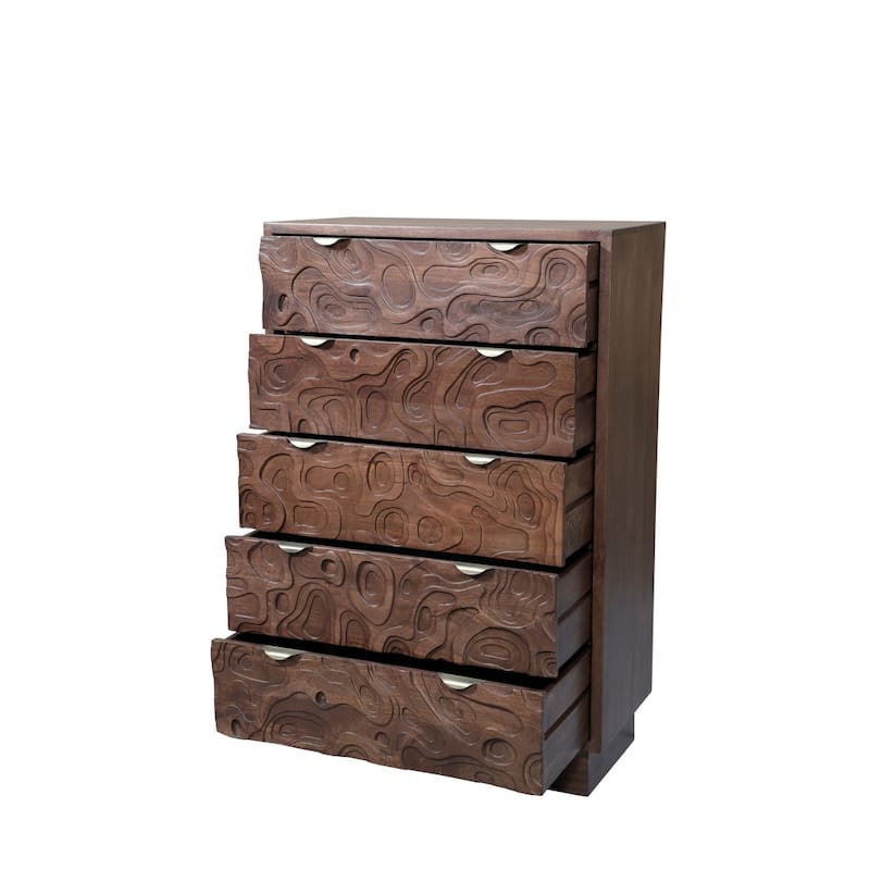 HomeRoots 35" Brown Carved Abstract Solid Wood Five Drawer Dresser