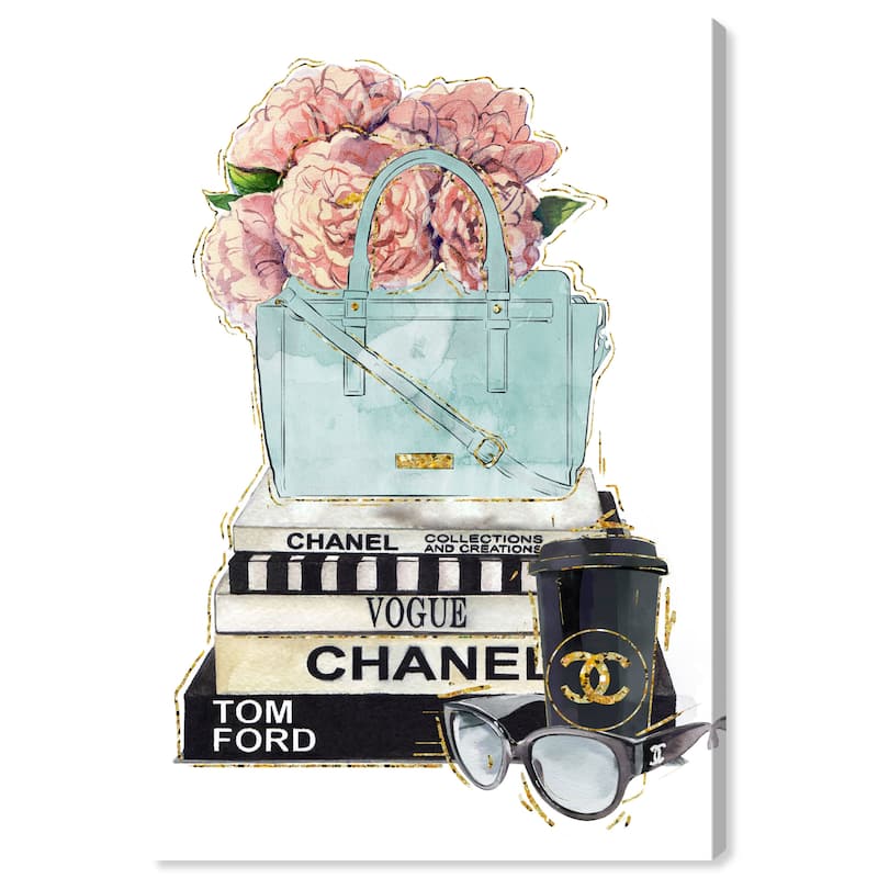 Wynwood Studio Fashion and Glam Blush Flowers Blue Purse and Books Light Pink Modern & Contemporary Wall Art Canvas Print