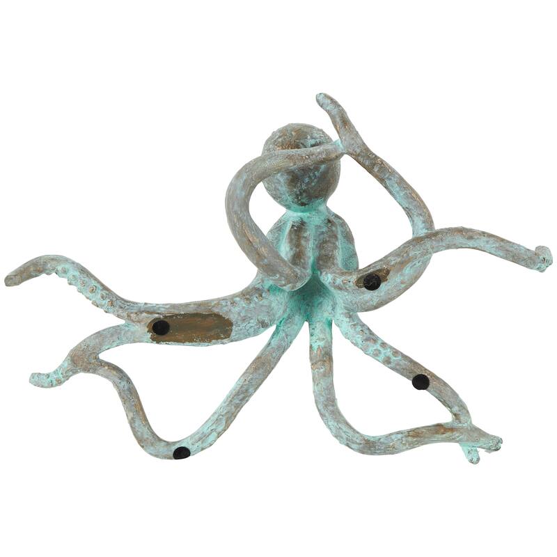 Blue Polystone Distressed Patina Octopus Decorative Sculpture with Gold Foil Accents