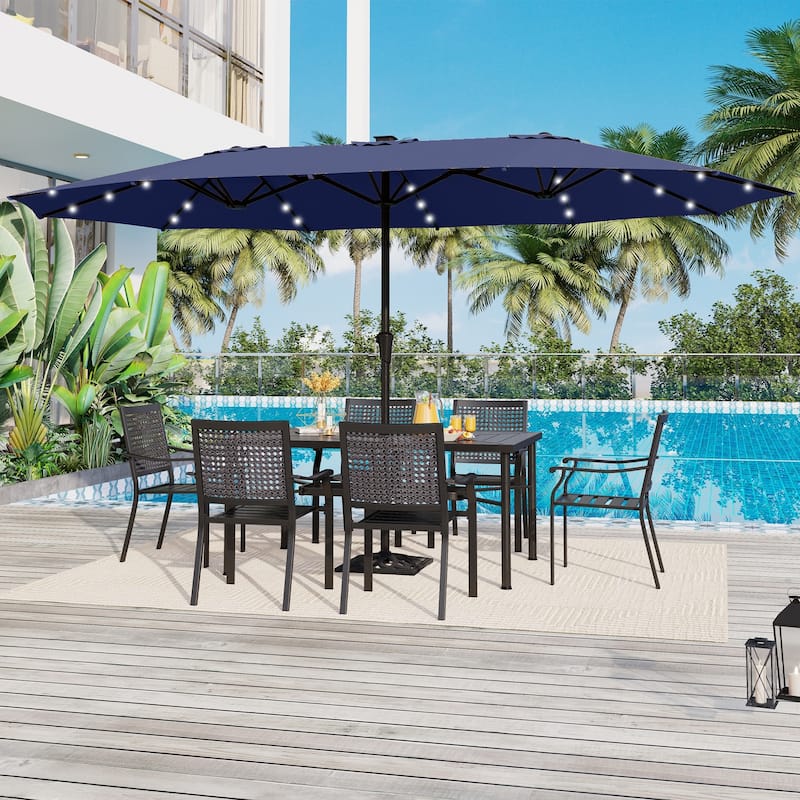 15-foot Rectangular Crank Double-sided Outdoor Market Umbrella Solar LED Lighted Patio Umbrella with Base Included - Blue-With Lights